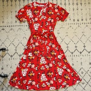 LOFT Floral Flounce Hem Button Yoke Puff Sleeve Belted Tie Waist Midi Maxi Dress